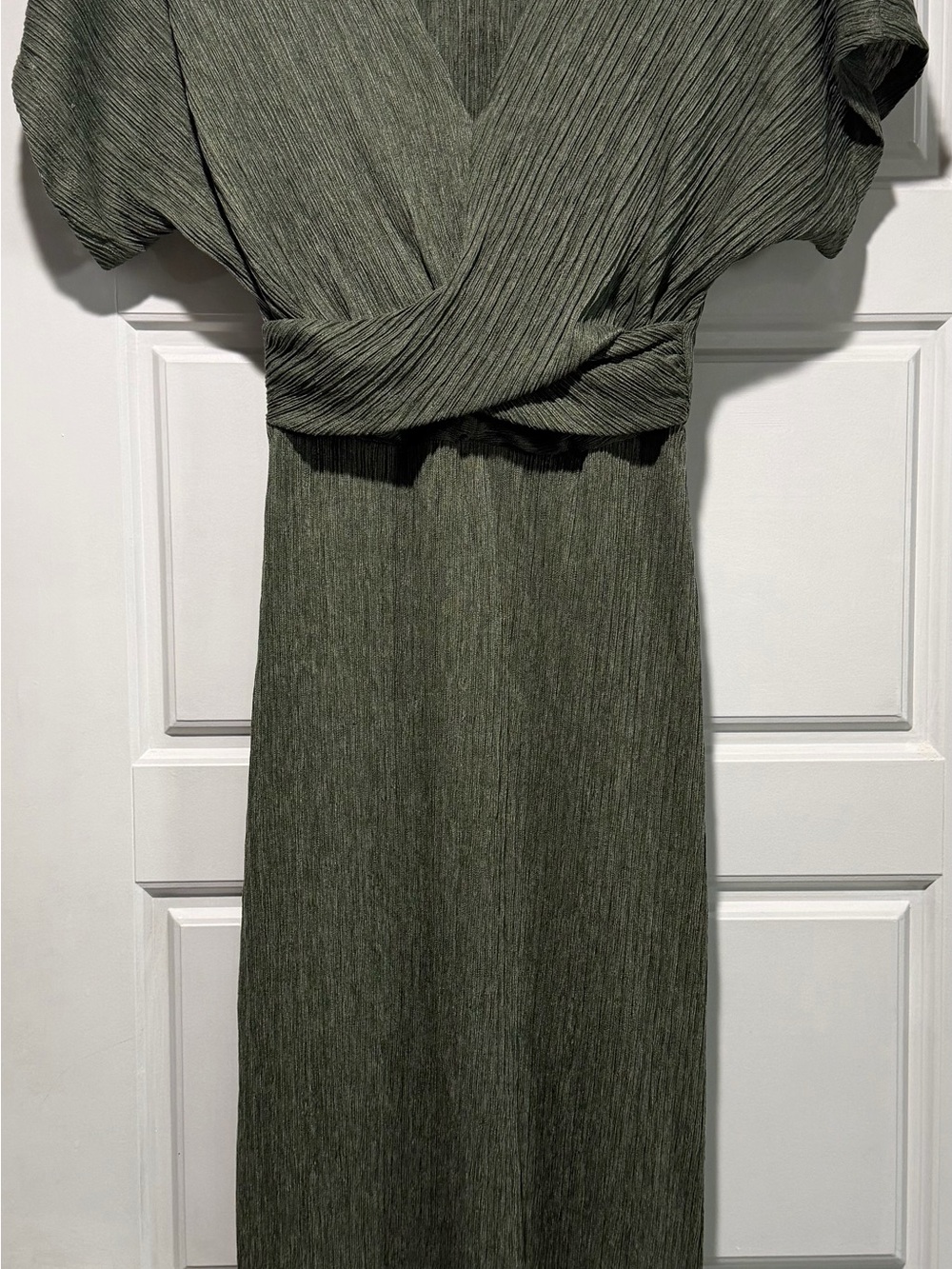 Olive Green Pleated Wrap Midi Dress